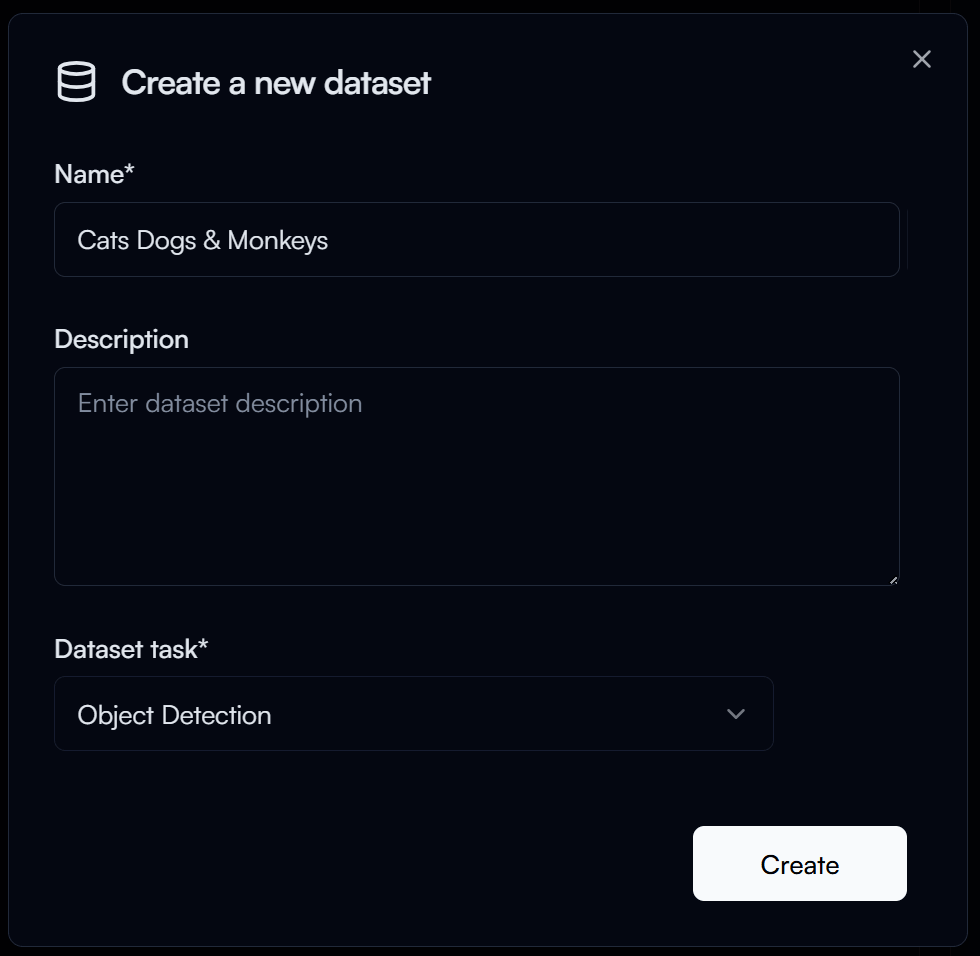 Create dataset dialog