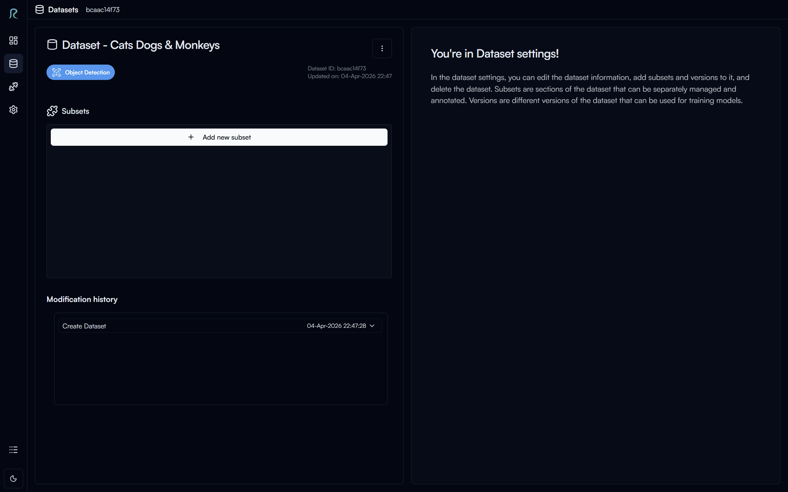 Dataset settings page
